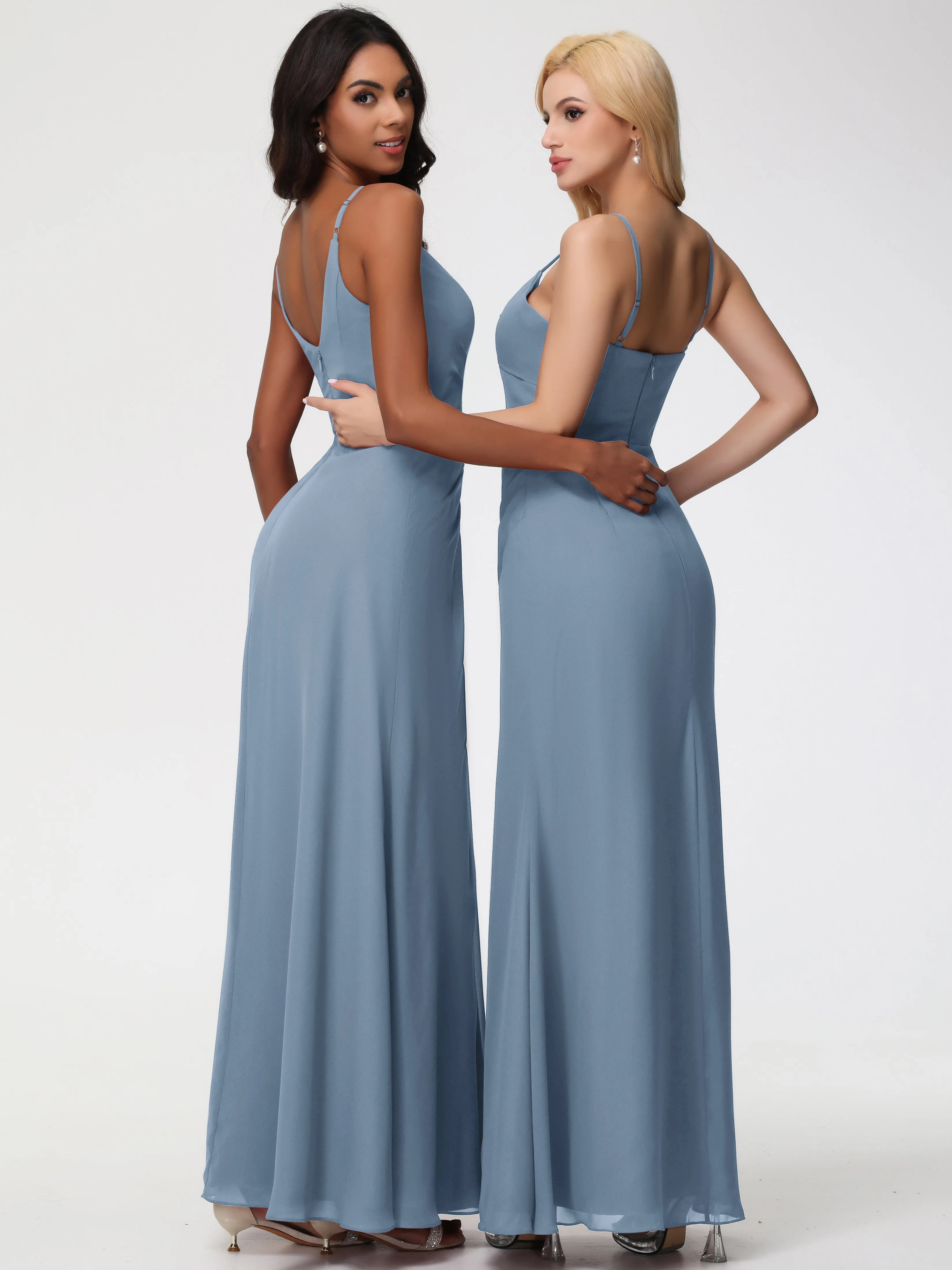 Bridesmaid Dresses In Slate Blue A-Line V-Neck Spaghetti Straps Ruched Chiffon Bridesmaid Dresses With Slit