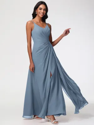 Bridesmaid Dresses In Slate Blue A-Line V-Neck Spaghetti Straps Ruched Chiffon Bridesmaid Dresses With Slit