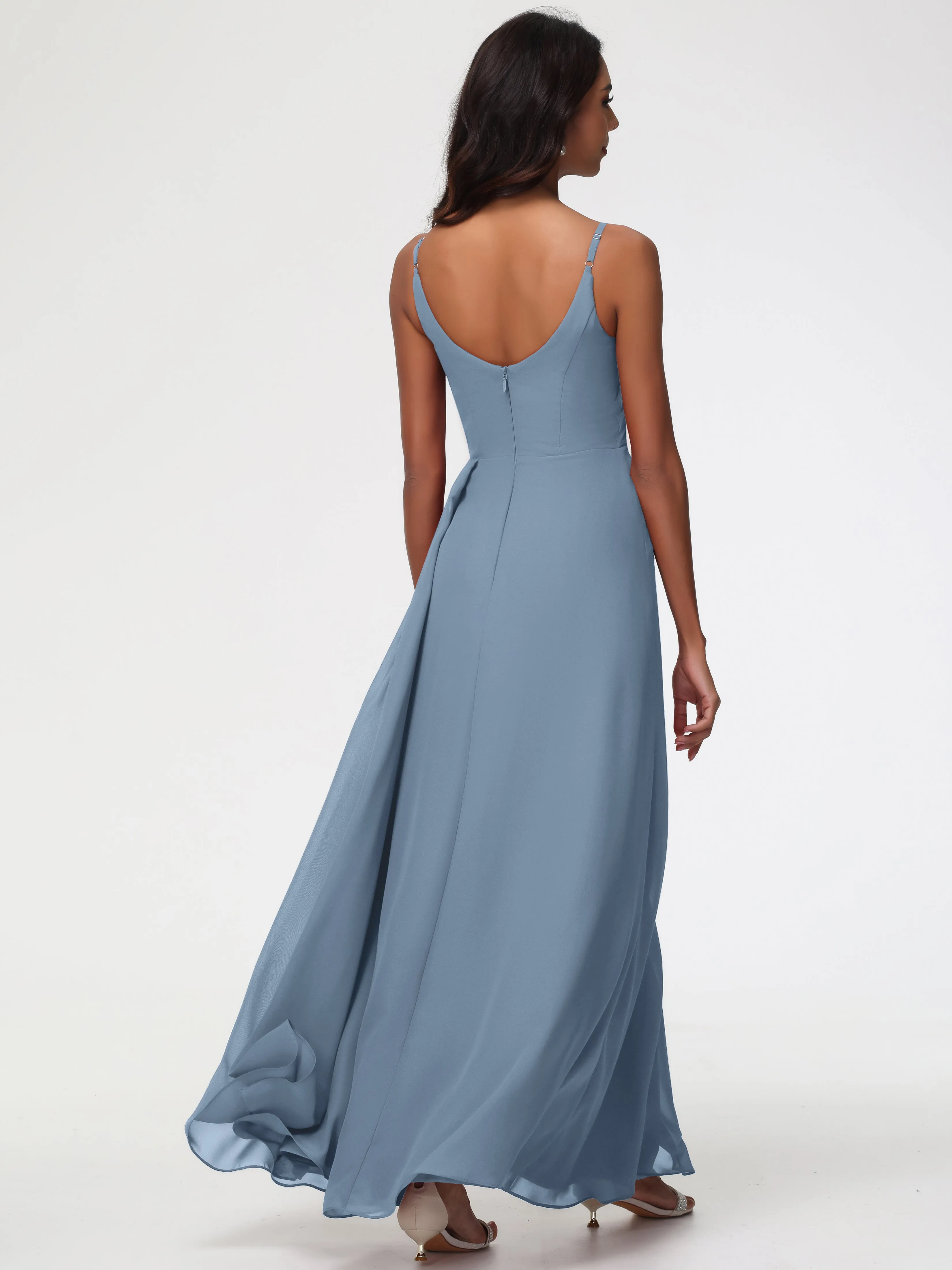 Bridesmaid Dresses In Slate Blue A-Line V-Neck Spaghetti Straps Ruched Chiffon Bridesmaid Dresses With Slit