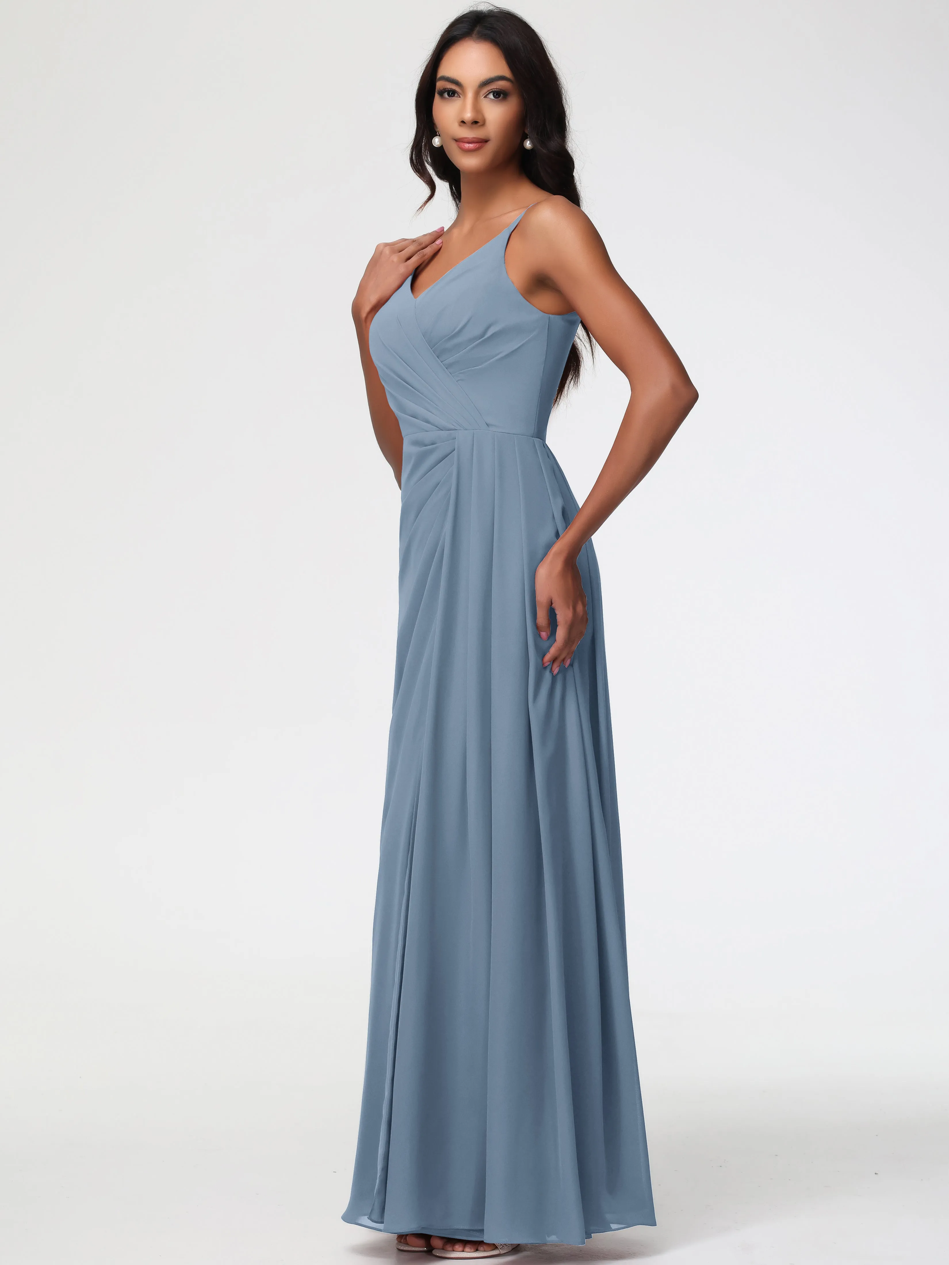 Bridesmaid Dresses In Slate Blue A-Line V-Neck Spaghetti Straps Ruched Chiffon Bridesmaid Dresses With Slit