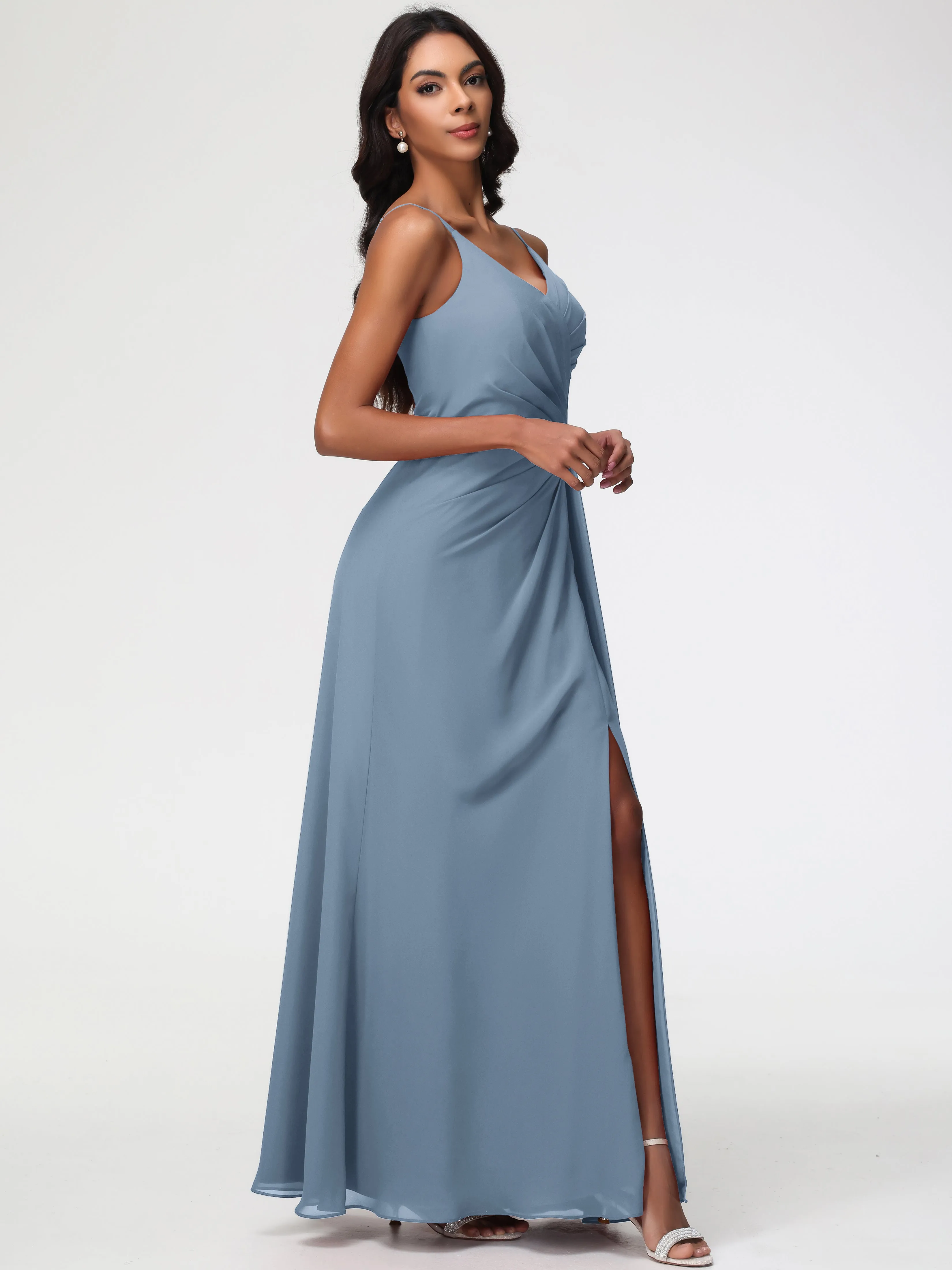 Bridesmaid Dresses In Slate Blue A-Line V-Neck Spaghetti Straps Ruched Chiffon Bridesmaid Dresses With Slit