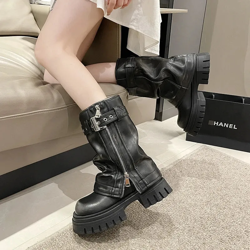 Hnzxzm Shoes for Women 2024 Mid-Calf Women's Boots Platform Modern Boots Women Belt Buckle Square Toe Side Zip Square Heel Shoes Female