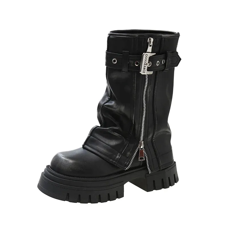 Hnzxzm Shoes for Women 2024 Mid-Calf Women's Boots Platform Modern Boots Women Belt Buckle Square Toe Side Zip Square Heel Shoes Female