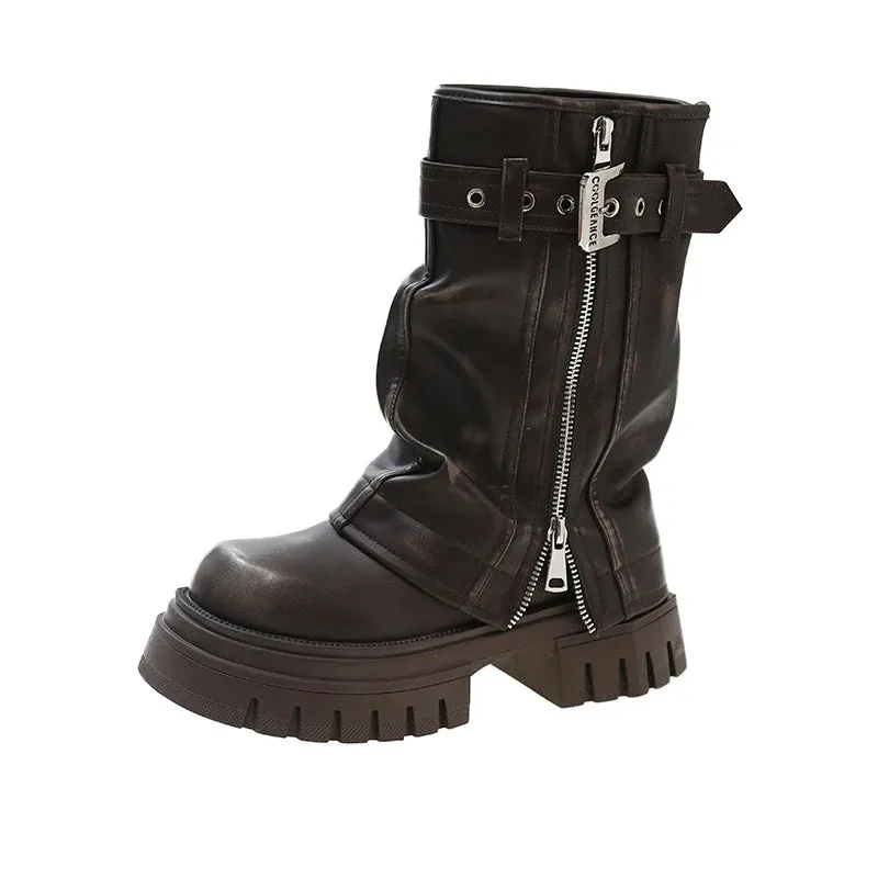 Hnzxzm Shoes for Women 2024 Mid-Calf Women's Boots Platform Modern Boots Women Belt Buckle Square Toe Side Zip Square Heel Shoes Female