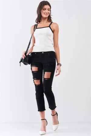 Ivory & Black Sleeveless Ribbed Knit Basic Cami Top /2-2