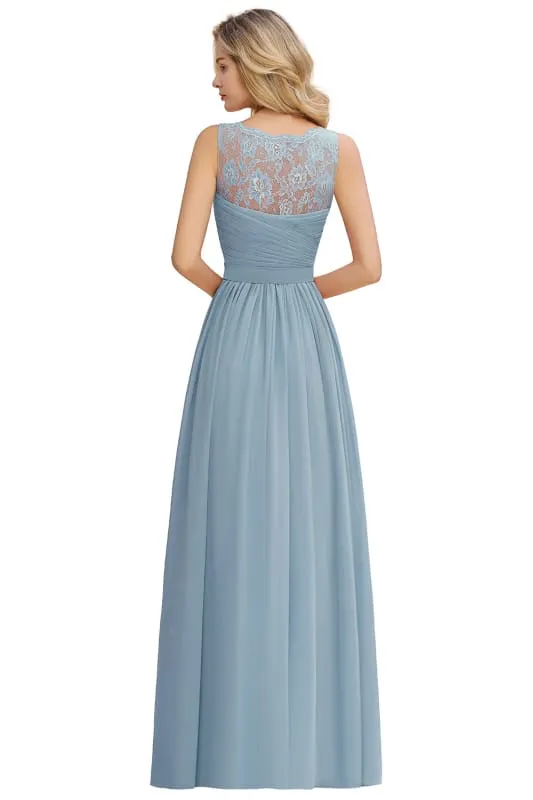 Modest Floral Lace A-line Bridesmaid Dress V-Neck Floor Length Ruched Chiffon Wedding Guest Dress