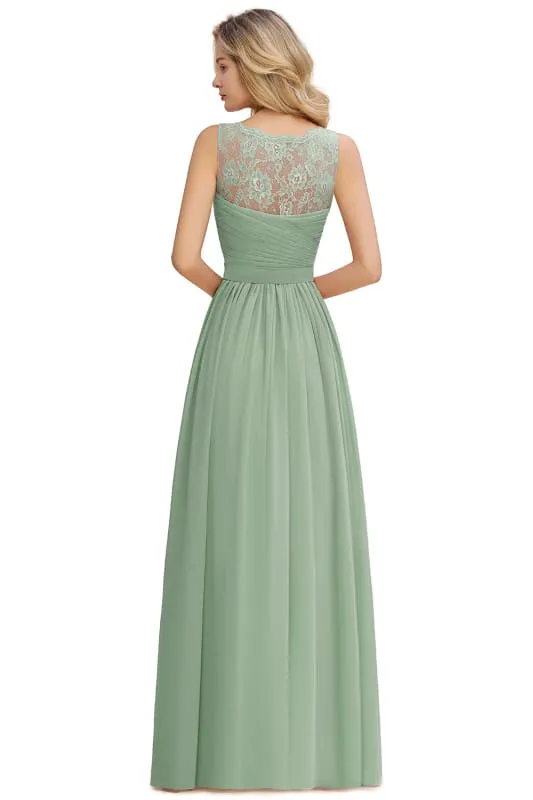 Modest Floral Lace A-line Bridesmaid Dress V-Neck Floor Length Ruched Chiffon Wedding Guest Dress