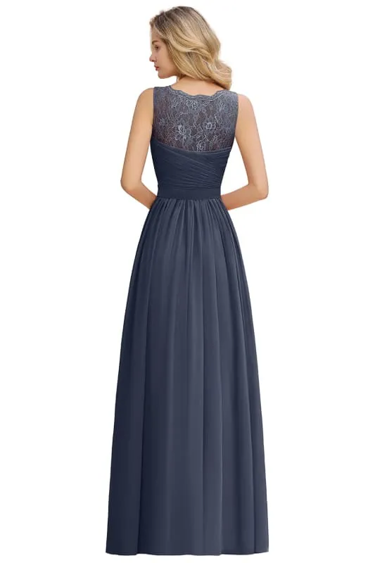 Modest Floral Lace A-line Bridesmaid Dress V-Neck Floor Length Ruched Chiffon Wedding Guest Dress