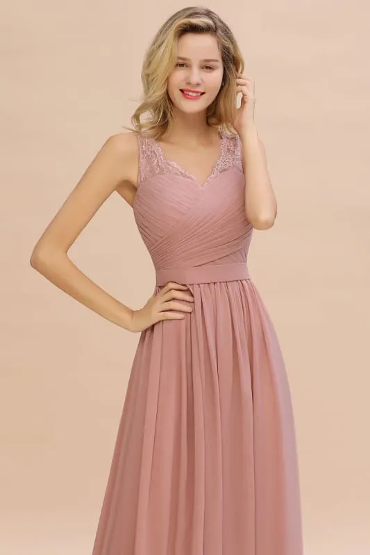 Modest Floral Lace A-line Bridesmaid Dress V-Neck Floor Length Ruched Chiffon Wedding Guest Dress