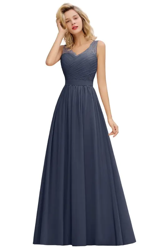 Modest Floral Lace A-line Bridesmaid Dress V-Neck Floor Length Ruched Chiffon Wedding Guest Dress