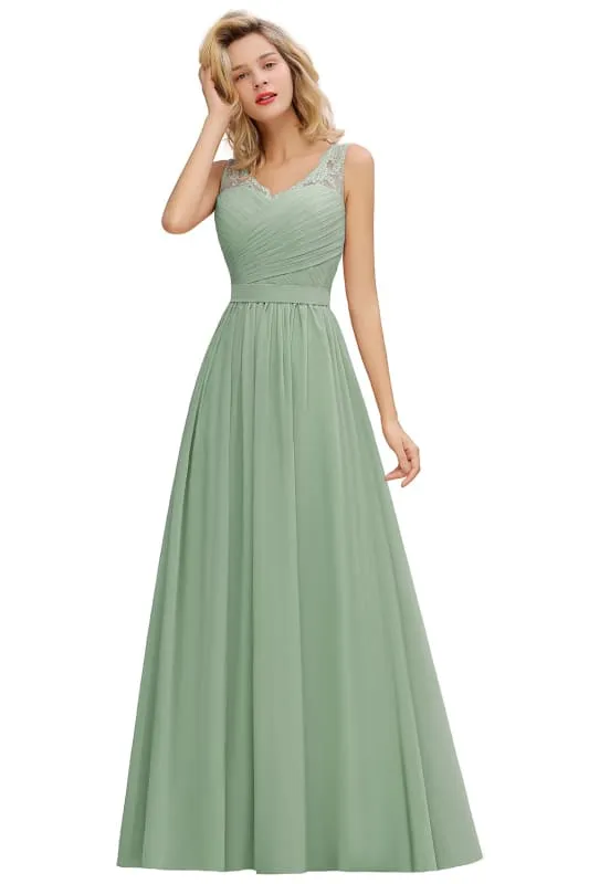 Modest Floral Lace A-line Bridesmaid Dress V-Neck Floor Length Ruched Chiffon Wedding Guest Dress