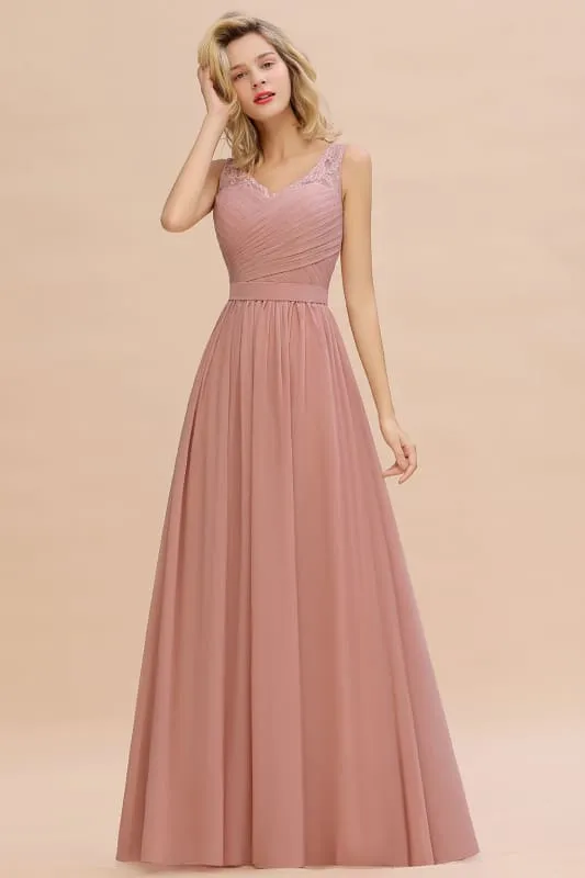 Modest Floral Lace A-line Bridesmaid Dress V-Neck Floor Length Ruched Chiffon Wedding Guest Dress