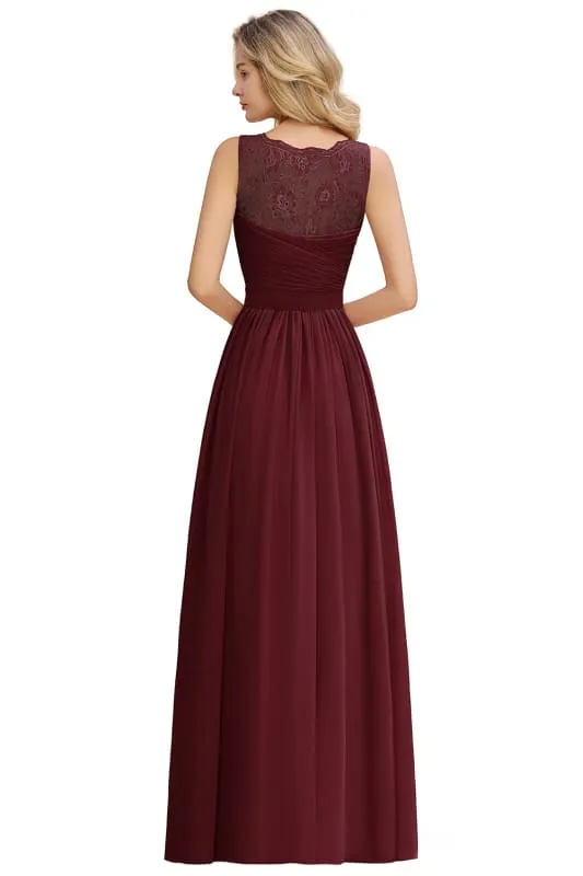 Modest Floral Lace A-line Bridesmaid Dress V-Neck Floor Length Ruched Chiffon Wedding Guest Dress