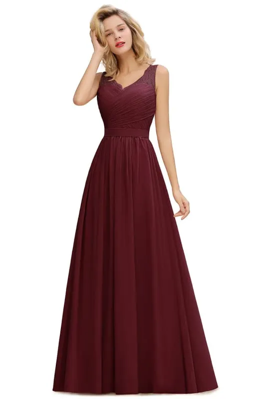 Modest Floral Lace A-line Bridesmaid Dress V-Neck Floor Length Ruched Chiffon Wedding Guest Dress