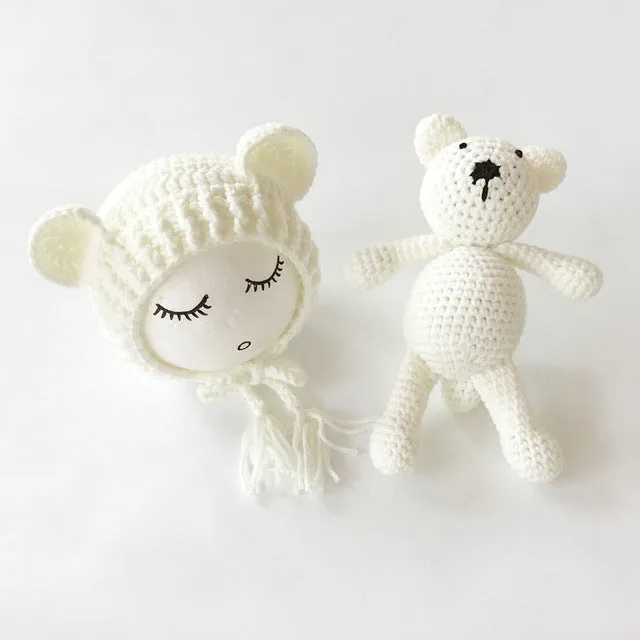 Newborn Knit Hats and Bear