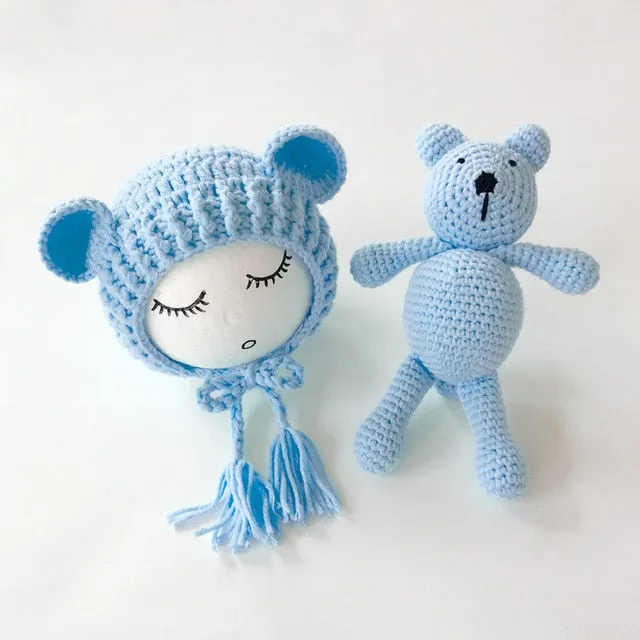Newborn Knit Hats and Bear