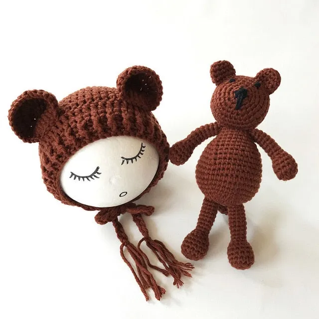 Newborn Knit Hats and Bear
