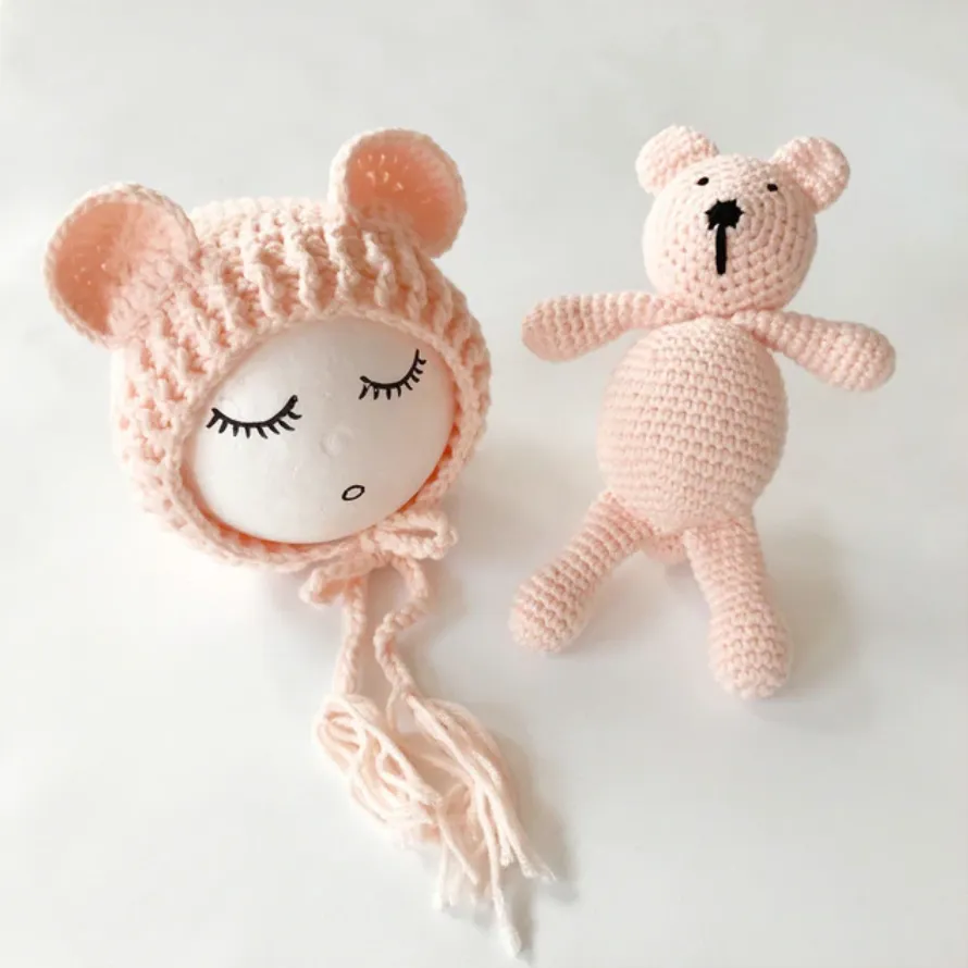 Newborn Knit Hats and Bear