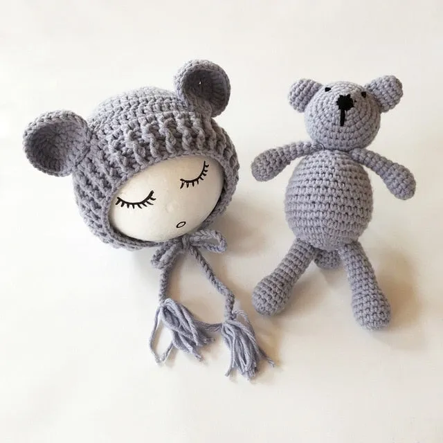 Newborn Knit Hats and Bear