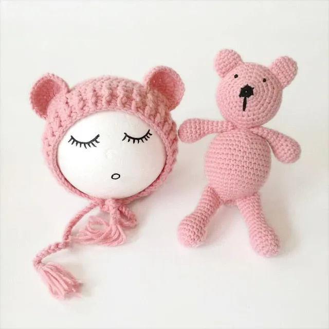 Newborn Knit Hats and Bear