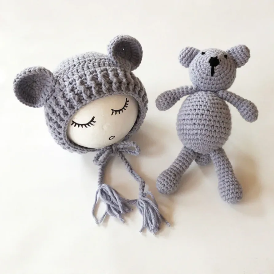 Newborn Knit Hats and Bear