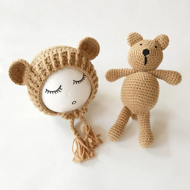 Newborn Knit Hats and Bear