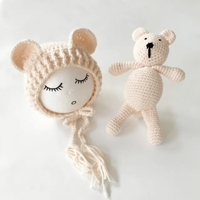 Newborn Knit Hats and Bear