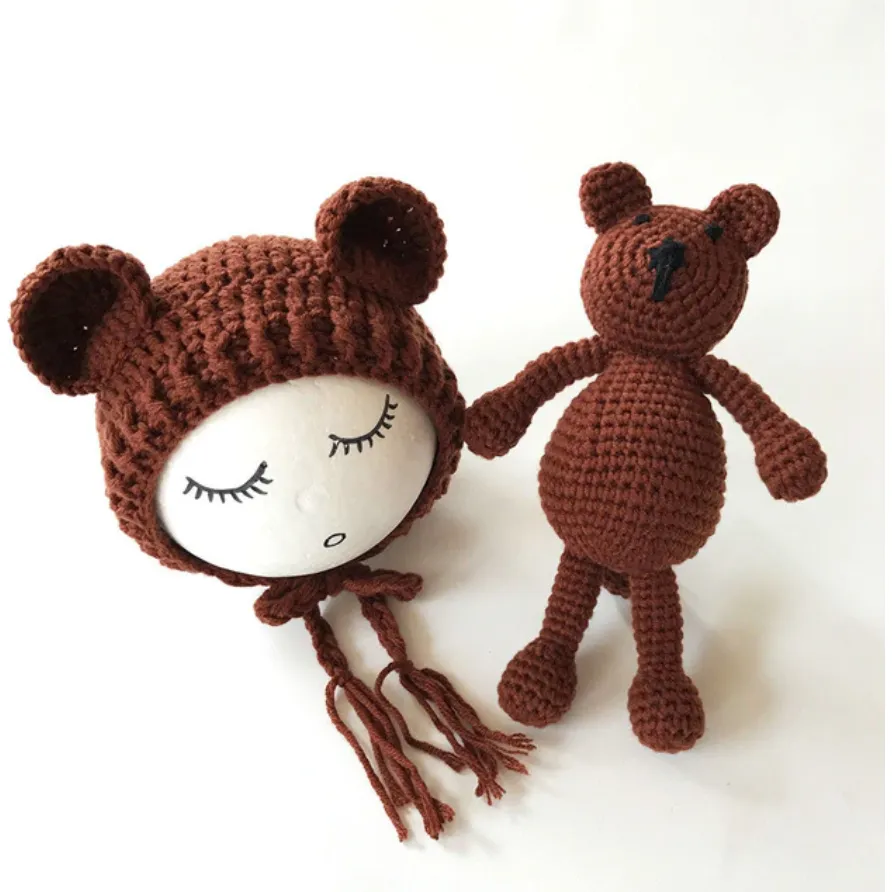 Newborn Knit Hats and Bear