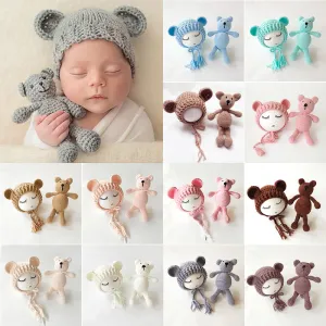 Newborn Knit Hats and Bear
