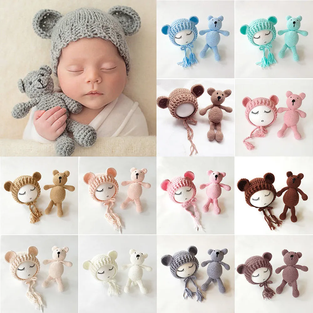 Newborn Knit Hats and Bear