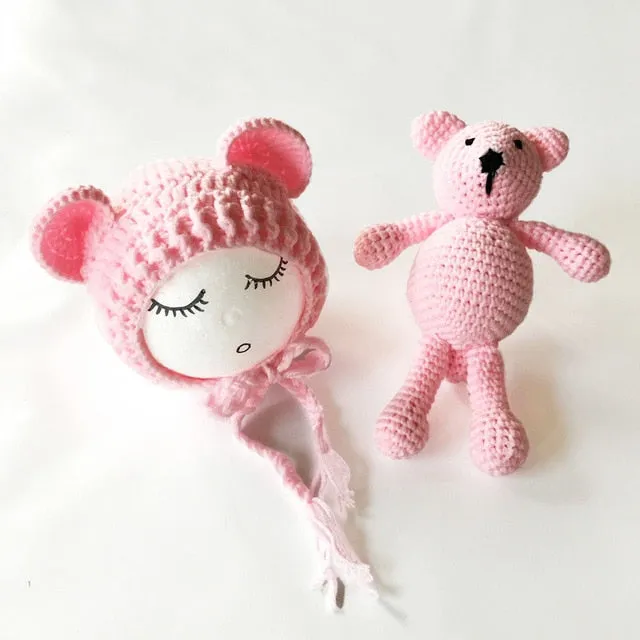Newborn Knit Hats and Bear