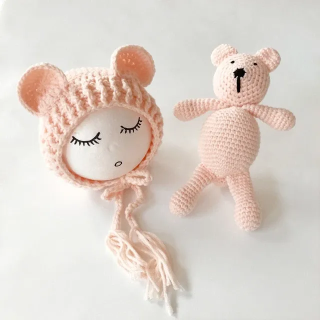Newborn Knit Hats and Bear