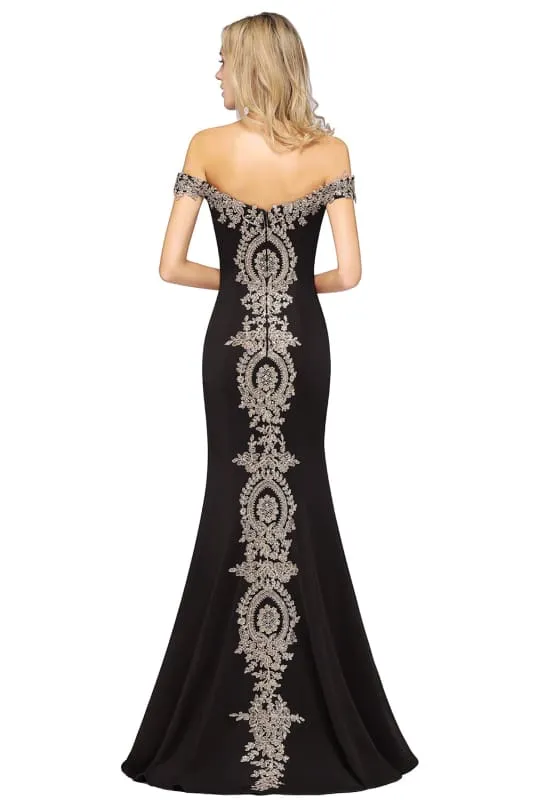 Off-the-Shoulder Formal Gown Gold Lace Applique Floor Length Mermaid Evening Dress