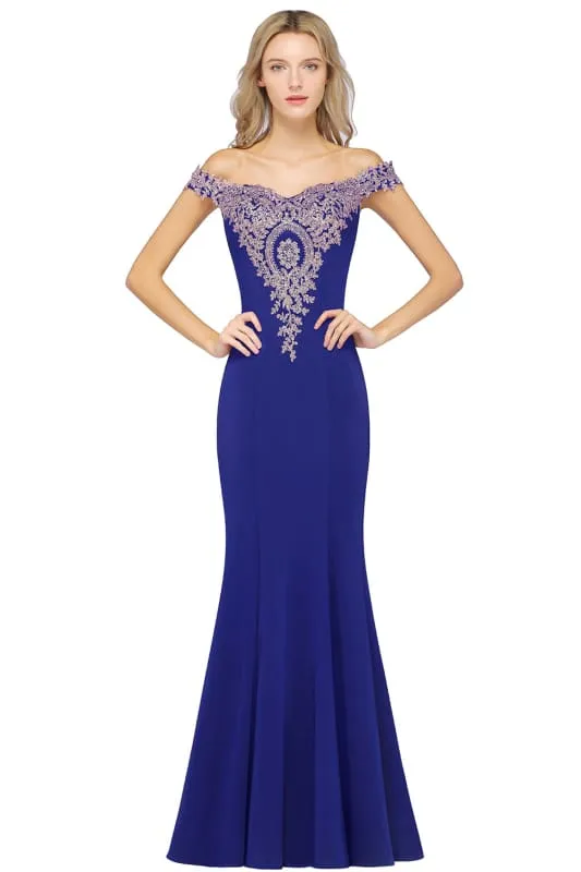 Off-the-Shoulder Formal Gown Gold Lace Applique Floor Length Mermaid Evening Dress