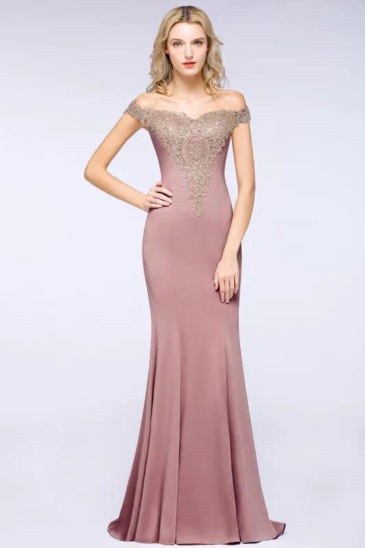 Off-the-Shoulder Formal Gown Gold Lace Applique Floor Length Mermaid Evening Dress