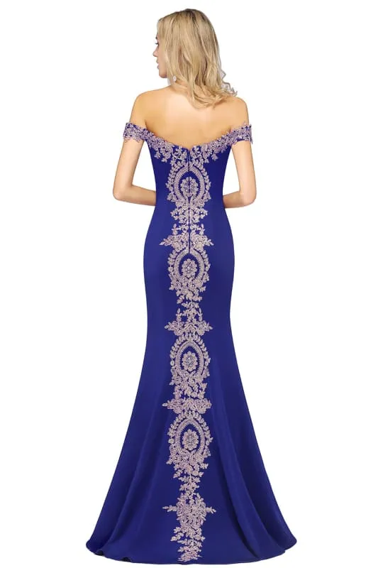 Off-the-Shoulder Formal Gown Gold Lace Applique Floor Length Mermaid Evening Dress