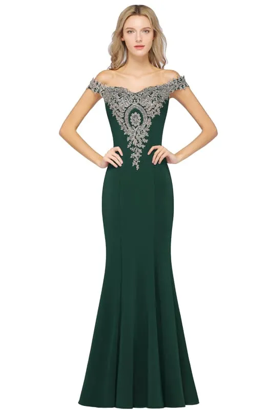 Off-the-Shoulder Formal Gown Gold Lace Applique Floor Length Mermaid Evening Dress