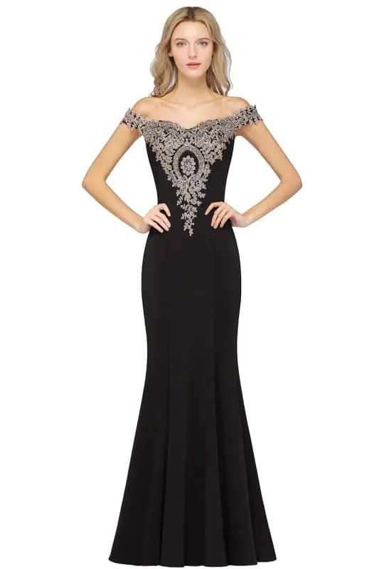 Off-the-Shoulder Formal Gown Gold Lace Applique Floor Length Mermaid Evening Dress