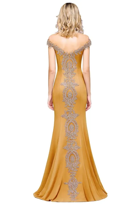 Off-the-Shoulder Formal Gown Gold Lace Applique Floor Length Mermaid Evening Dress