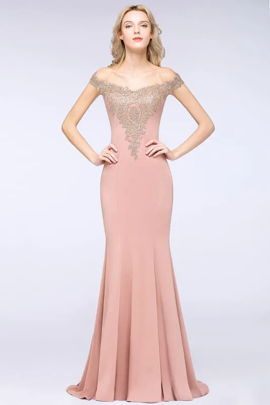 Off-the-Shoulder Formal Gown Gold Lace Applique Floor Length Mermaid Evening Dress