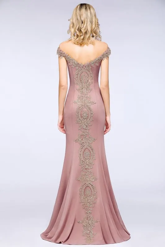 Off-the-Shoulder Formal Gown Gold Lace Applique Floor Length Mermaid Evening Dress