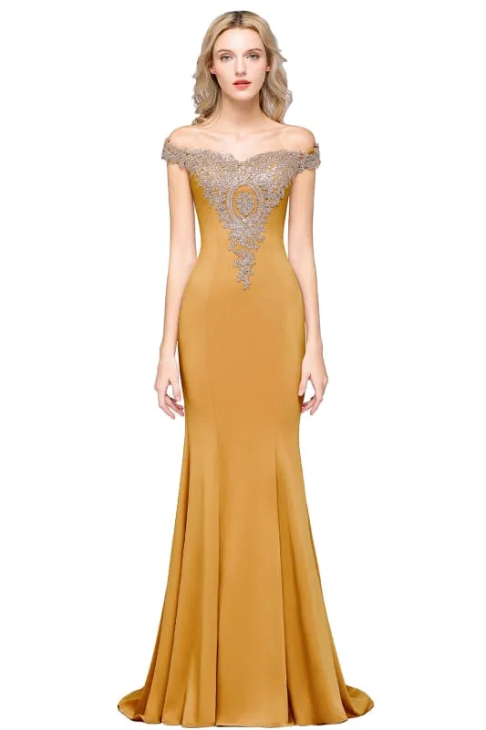 Off-the-Shoulder Formal Gown Gold Lace Applique Floor Length Mermaid Evening Dress