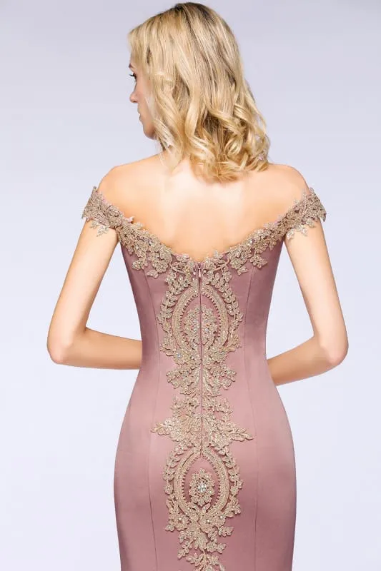 Off-the-Shoulder Formal Gown Gold Lace Applique Floor Length Mermaid Evening Dress