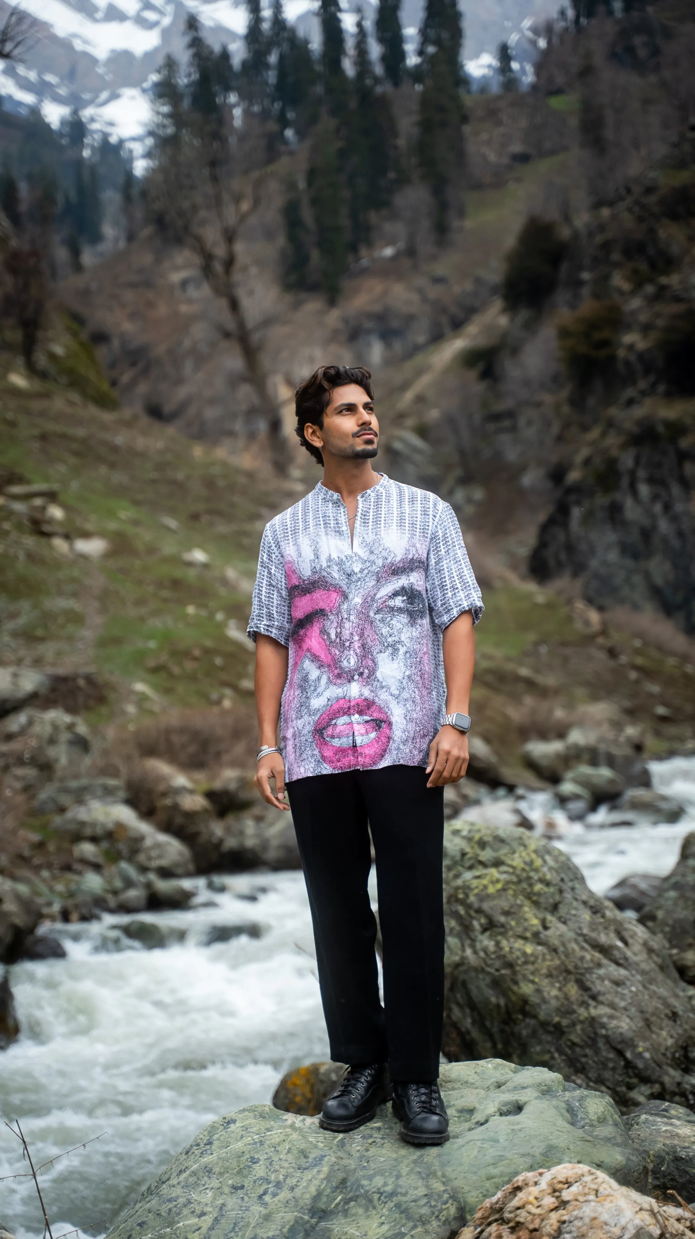 Pink Inscription Stylish Printed Pure Linen Short Sleeve Shirt - AddysForMen