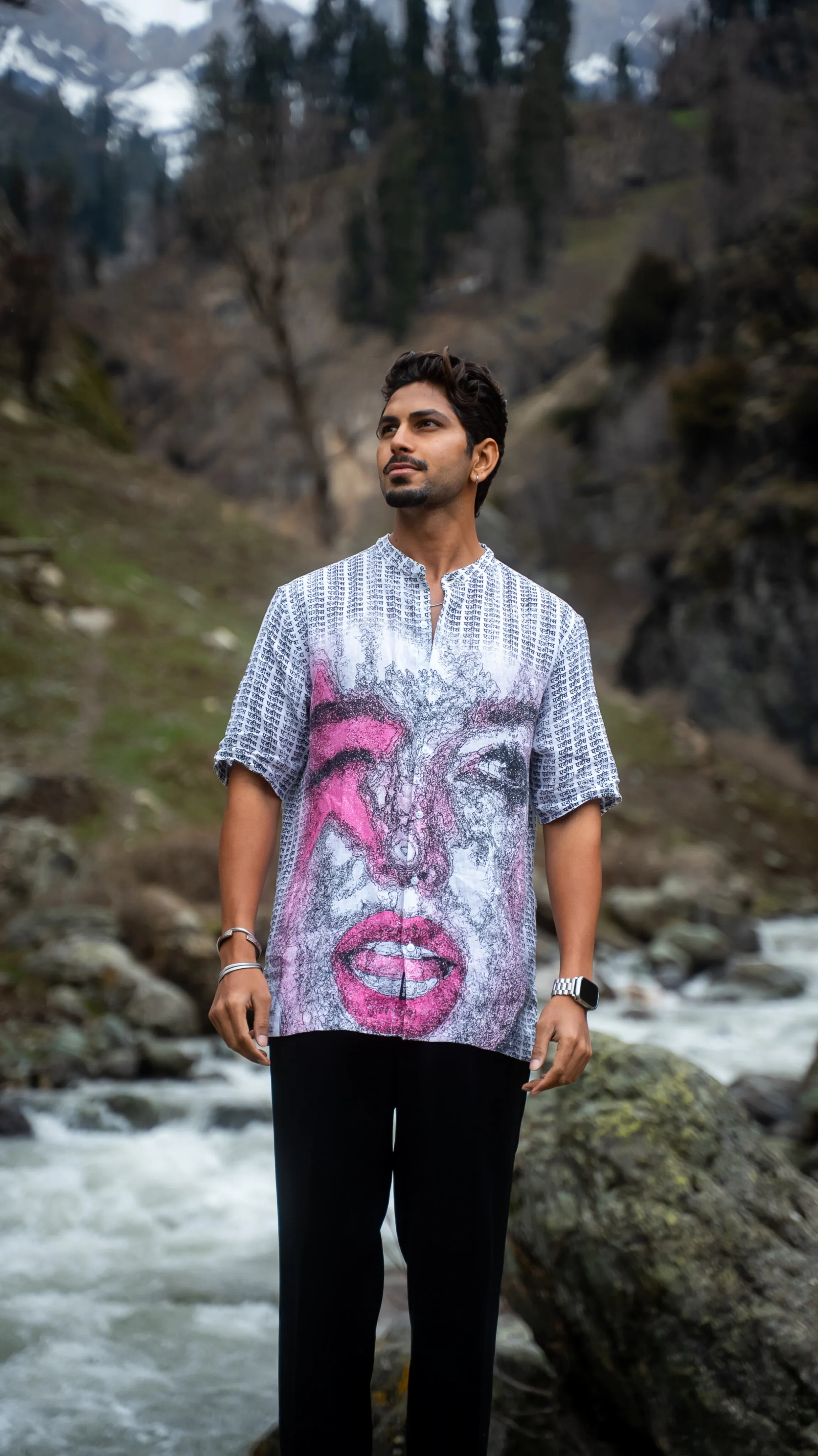 Pink Inscription Stylish Printed Pure Linen Short Sleeve Shirt - AddysForMen