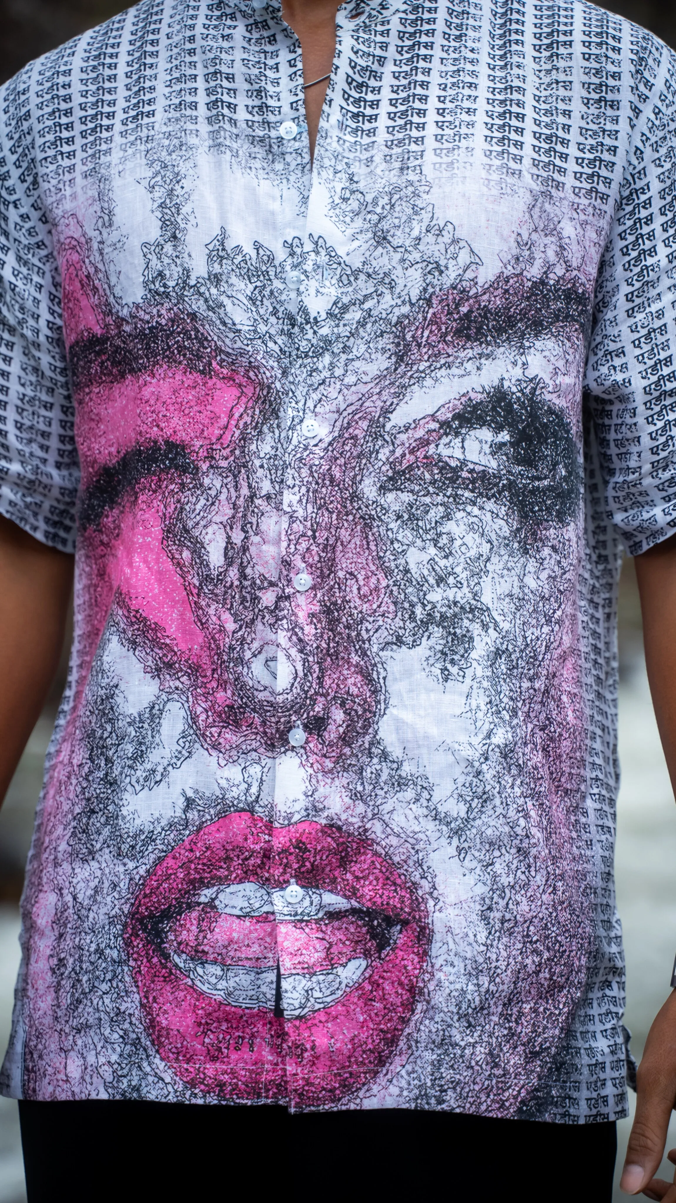 Pink Inscription Stylish Printed Pure Linen Short Sleeve Shirt - AddysForMen