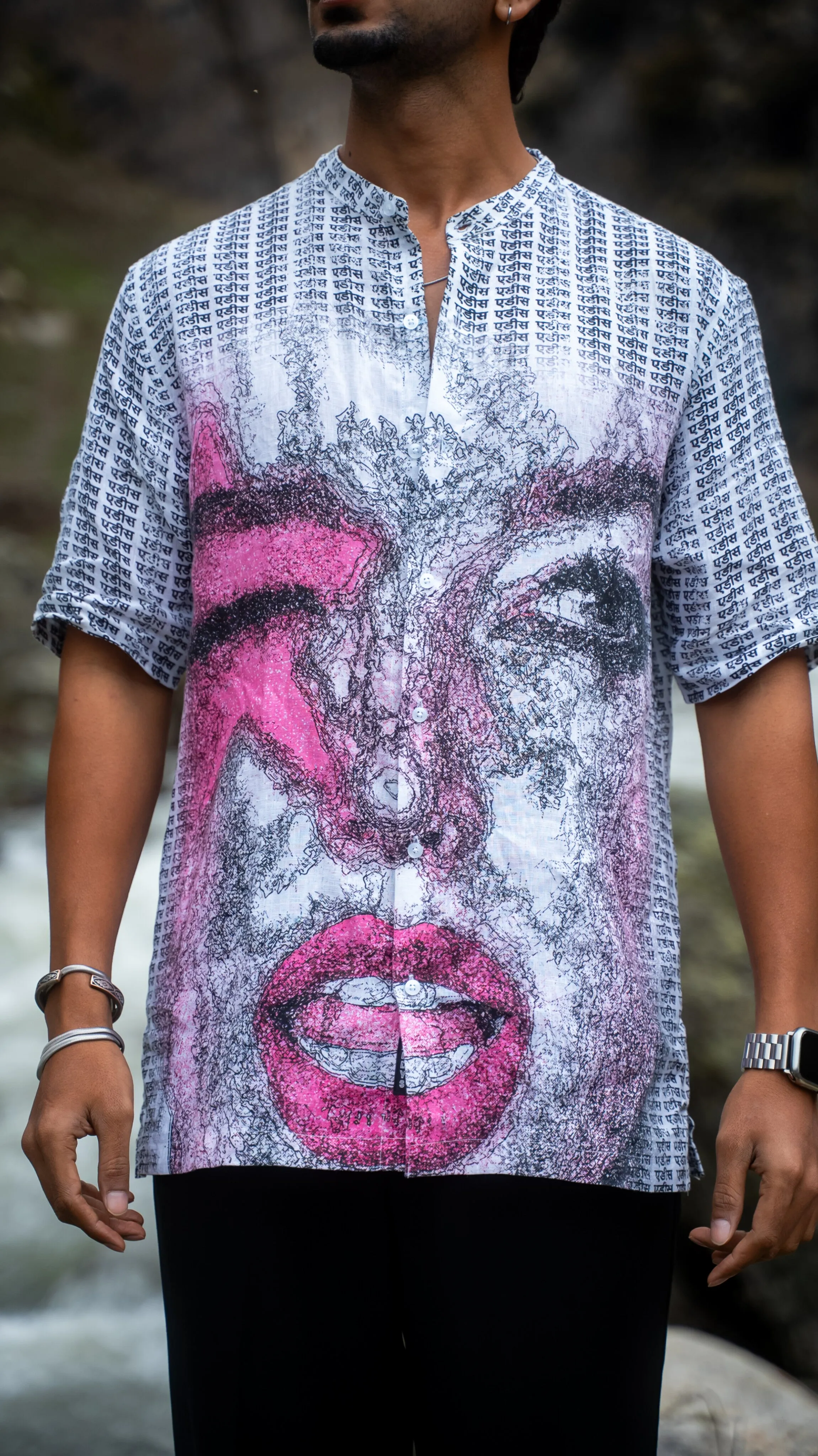 Pink Inscription Stylish Printed Pure Linen Short Sleeve Shirt - AddysForMen