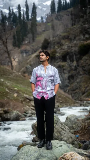 Pink Inscription Stylish Printed Pure Linen Short Sleeve Shirt - AddysForMen