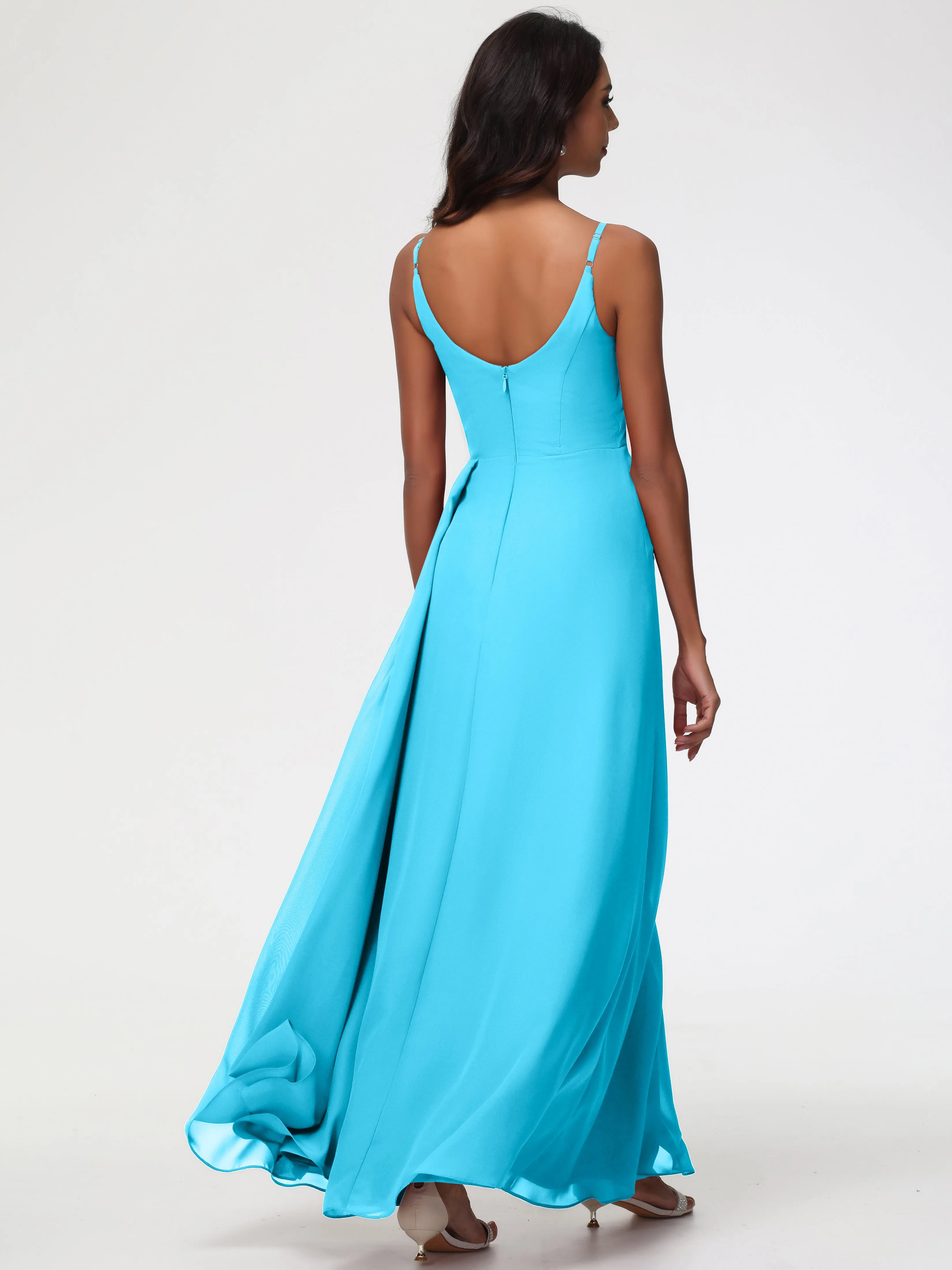 Pool Blue Bridesmaid Dress A-Line V-Neck Spaghetti Straps Ruched Chiffon Bridesmaid Dresses With Slit