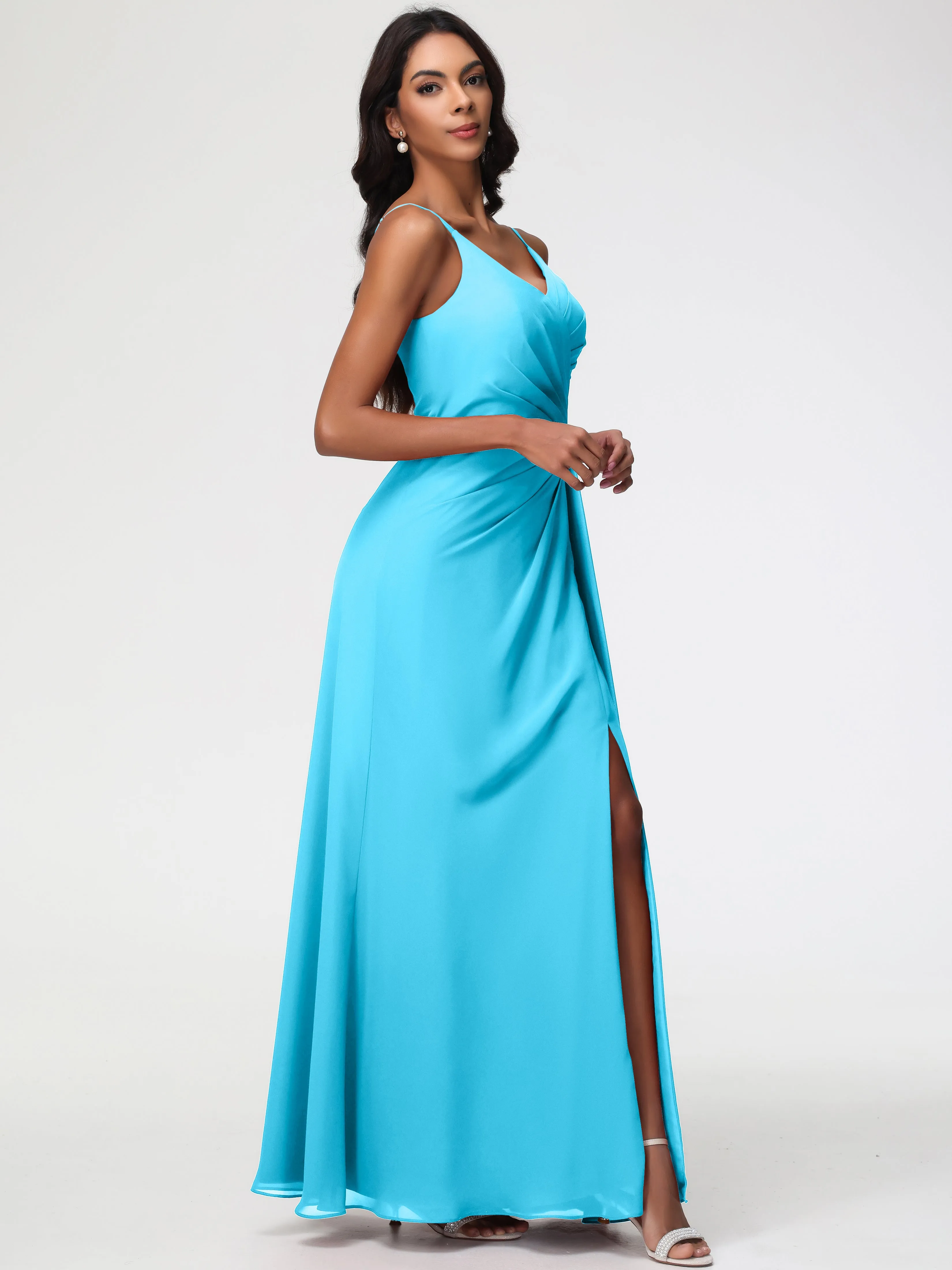 Pool Blue Bridesmaid Dress A-Line V-Neck Spaghetti Straps Ruched Chiffon Bridesmaid Dresses With Slit